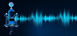 Professional microphone with waveform on blue background banner, Podcast or recording studio background. Digital low poly wireframe of futuristic vector. 