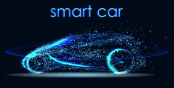 Abstract image of a smart or intelligent car in the form of a starry sky or space, consisting of points, lines, in the form of planets,stars and the universe. Futuristic automotive technology.