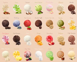 Set of ice creams with different flavors. Ice cream menu with scoops. Hazelnut, lime, coconut, mint chocolate, marshmallow, almond,  cream, blueberry, red currant, truffle, chip cookie, pistachio, man