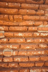 Old red brick wall. Photo of surface of vintage stony wall. Wide angle. Vintage brickwork view. Orange stone constitution. Exterior antique element of building. Aged brickwork quality.