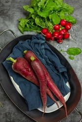 red radish bunch fresh on gray background, fresh market spring vegetables garden vegetables for salads, ingredients fresh and crisp, red, agriculture, healthy season food, flat lay, copy space