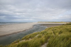 Coastal landscape with fresh water stream running into the salt north sea on the beach surrounded with dunes and with waves braking on the sandy shore on the background