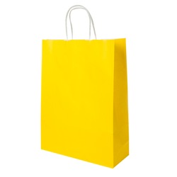 Kraft yellow bag gift bag with handles on white background
