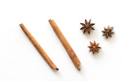 Top view of cinnamon stick and star anise spice isolated on white background