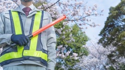 Sakura and work clothes. Image of joining the construction industry.A security guard man with a red stick.