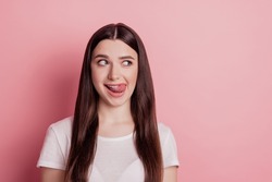 Photo of amazing lady sticking tongue out of mouth see tasty meal licking lips isolated pink color background