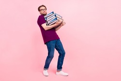 Full size profile side photo of young man hold folder agent project stack isolated over pink color background