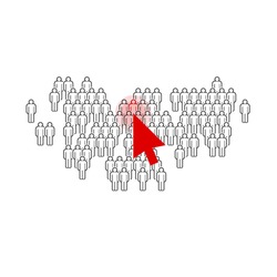 The choice of the best employee. Red human sign as a symbol of chosen one by the recruiter. HR concept. Arrow cursor points to a person in a crowd. Vector illustration.