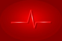 Heart beat cardiogram glowing 3D symbol, card template. Realistic vector illustration. Red background.