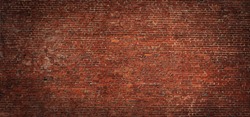 Large Old Red Brick Wall Background. Vintage Brickwall Texture. Panoramic Web banner or Wallpaper With Copy Space.