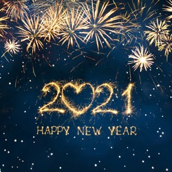 Greeting card Happy New Year 2021. Beautiful Square holiday web banner or billboard with Golden sparkling text Happy New Year 2021 written sparklers on festive blue background.