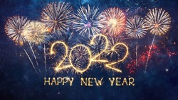 Greeting card Happy New Year 2022. Beautiful holiday web banner or billboard with Golden sparkling text Happy New Year 2022 written sparklers on festive blue background