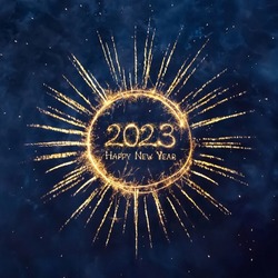 Creative Greeting card Happy New Year 2023. Beautiful Square holiday web banner or billboard with Golden sparkling text Happy New Year 2023 on blue background.