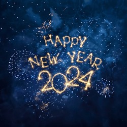 Happy New Year 2024. Beautiful New year congratulations. Square  creative holiday web banner or Greeting card with firework and sparkling text Happy New Year 2024 on night blue sky background