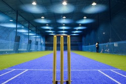 view from behind the wicket of an indoor cricket stadium
