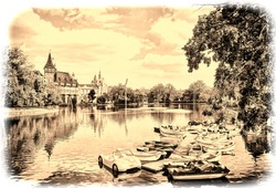 The Vajdahunyad Castle in Budapest in Hungary. Vintage view. Old retro style. 