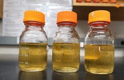 Three glass bottles with orange caps containing yellow liquid. Sterile LB broth for culturing bacteria. Colorful science. Laboratory reagents.