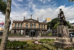 Classical architectural facade of the Costa Rican National Theater Building in the center of the city of San Jose in Costa Rica