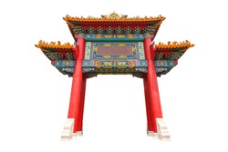Traditional Chinese pavilion gate isolated on white background .
