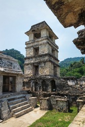 Maya temple ruins with palace patio and observation tower, Palanque, Chiapas, Mexico
