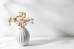 Copy space. The place for text. A vase with white dry flowers stands on a tray for Valentine's Day. Isolated on the white background