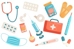 Medicine cute elements isolated set. Collection of stethoscope, first aid box, syringe, medical mask, cans of pills, plaster, thermometer and other tools. Vector illustration in flat cartoon design