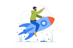 Startup launch modern flat concept. Young man entrepreneur is flying on rocket. Start of new project, vision, ambition and business goal. Vector illustration with people scene for web banner design