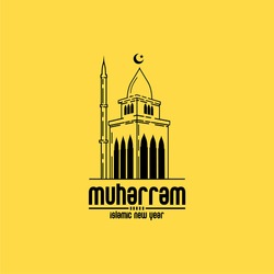 vector line art mosque and writings of muharram, islamic new year on yellow background