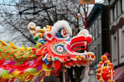 close up of Chinese lion dance at lunar new year