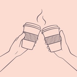 Cheers Coffee Paper Cups isolated vector illustration in outline style. A couple is toasting holding in hands takeaway hot drinks.