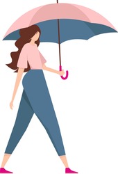 Weather forecast, rainy season, a young girl with a pink umbrella in her hands on a walk. Illustration of a character in different situations on a white background.