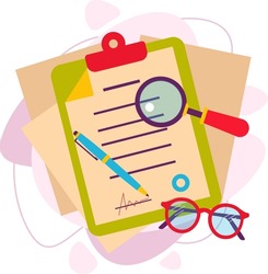 Verification of documents. Accounting documentation, business research, financial audit, analysis of report data. Vector illustration in a flat style.