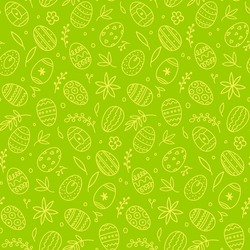 Green easter eggs, leaves and flowers. Seamless festive spring pattern. Happy and positive wrapping or background for your holiday goods.