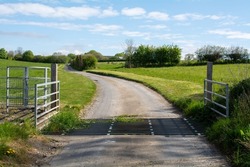 Cattle grids on a country lane. These metal grids prevent animals from crossing because they can't step on them. 