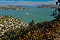 The town of Sausalito, CA. USA with Richardson Bay, Belvedere and Angle Island and San Francisco Bay in the background