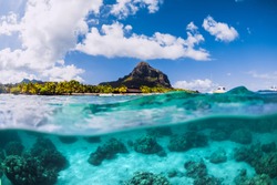 Blue ocean and Le Morne mountain in Mauritius.