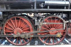 Detail of two wheels of a steam locomotive in Bologna Centrale station. The system is called 