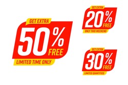 Get extra 50, 30, 20 percent free discount only on weekend. Limited time marketing promotion offer for cheap shopping, economic purchase sale label set vector illustration isolated on white background