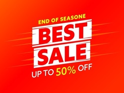 Best sale banner template offering up to 50 percent off. Half price discount promotion to end of season. Seasonal clearance bargain for customer. Advertising poster vector illustration