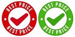 Best price sticker template for special offer promotion. Red and green label badge for cheap shopping, great clearance and good bargain assurance vector illustration isolated on white background