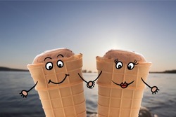 ice cream cartoon men. couple ice cream on the sky and water background                                