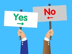 Hand holding up banner with Yes No right wrong answer business concept. Man showing billboard banner, sign.