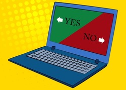 Laptop with Yes No right wrong answer business concept on the screen. Vector cartoon illustration.