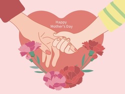 Happy Mother's Day greeting cards, Child Holding Mother's hand, carnation flower on heart shaped background. Illustration of love, I love mom, greeting card, vector illustration.