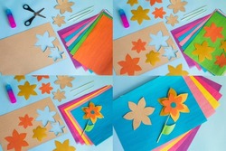 Handmade flowers from multi-colored paper for mother's day, women's day on March 8, birthday. Step-by-step instruction. Children's master class. Creativity and leisure of the child.