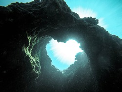 Low angle view of heart shape rock formation in sea