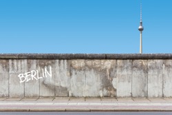 Berlin Wall with TV Tower and rendered Graffiti on wall background