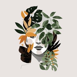 Botanical Wall Art Boho Print. Vector Minimal Floral. Foliage Line Art Drawing with Woman Face. Abstract Plant Design for Poster, Print, Cover. Modern Trendy Illustration. Aesthetic mid century