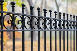 Image of a Beautiful decorative cast iron wrought fence with artistic forging. Metal guardrail close up.