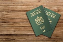 morocco Passport on Wood Lines Background Banner with Copy Space